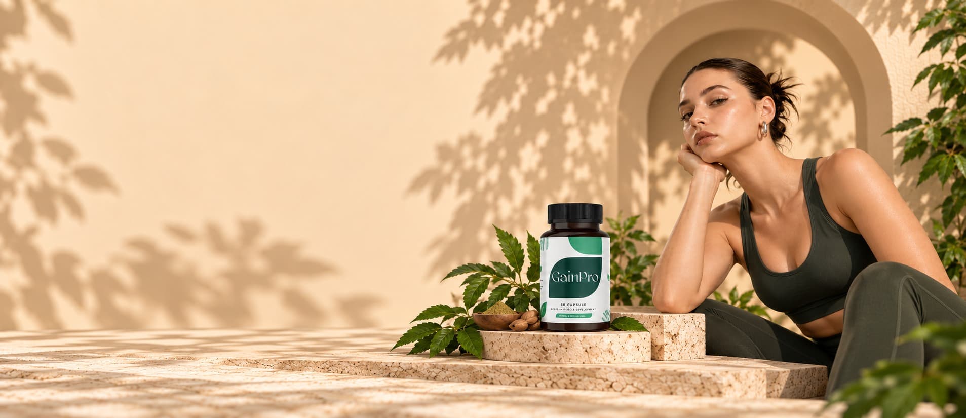 GainPro capsule bottle on a stone step beside a woman in dark green activewear