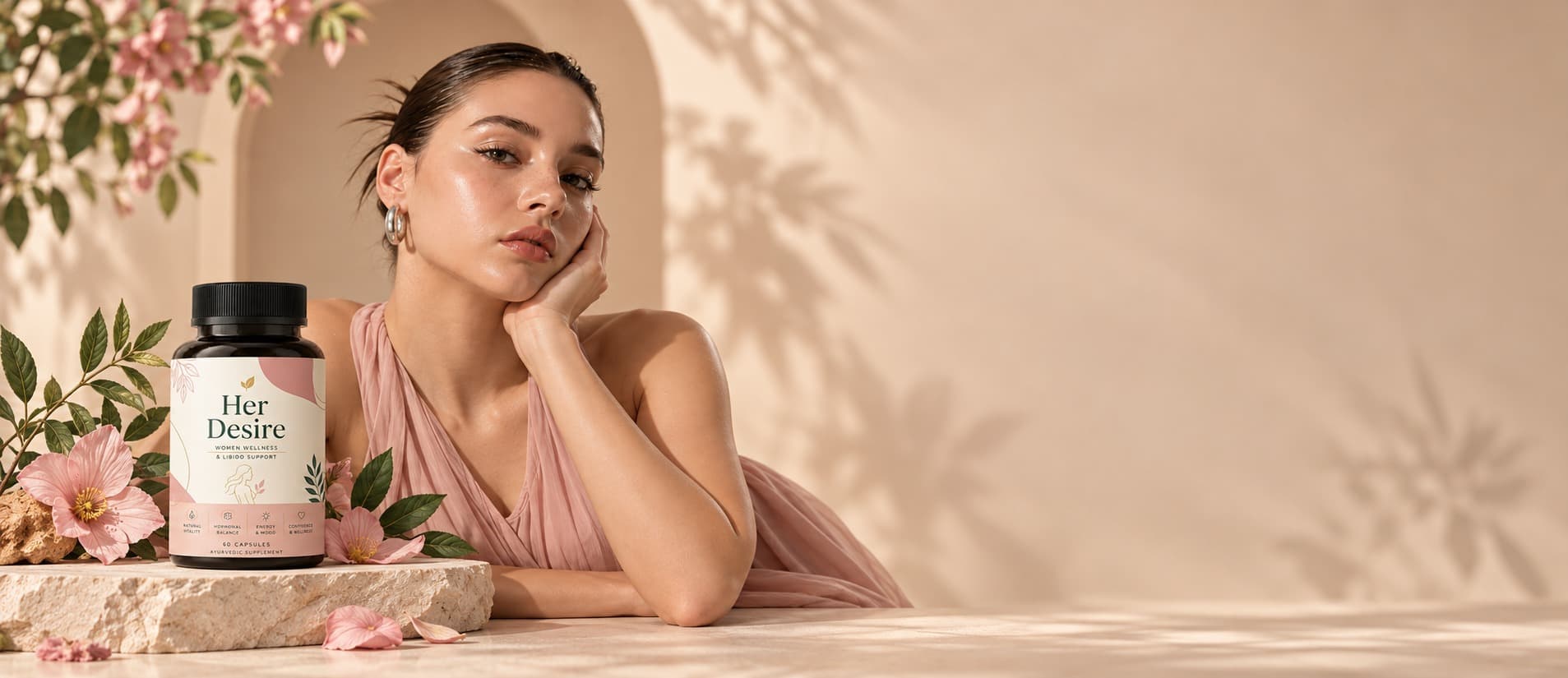 Her Desire capsule bottle among pink blossoms beside a woman in a blush dress