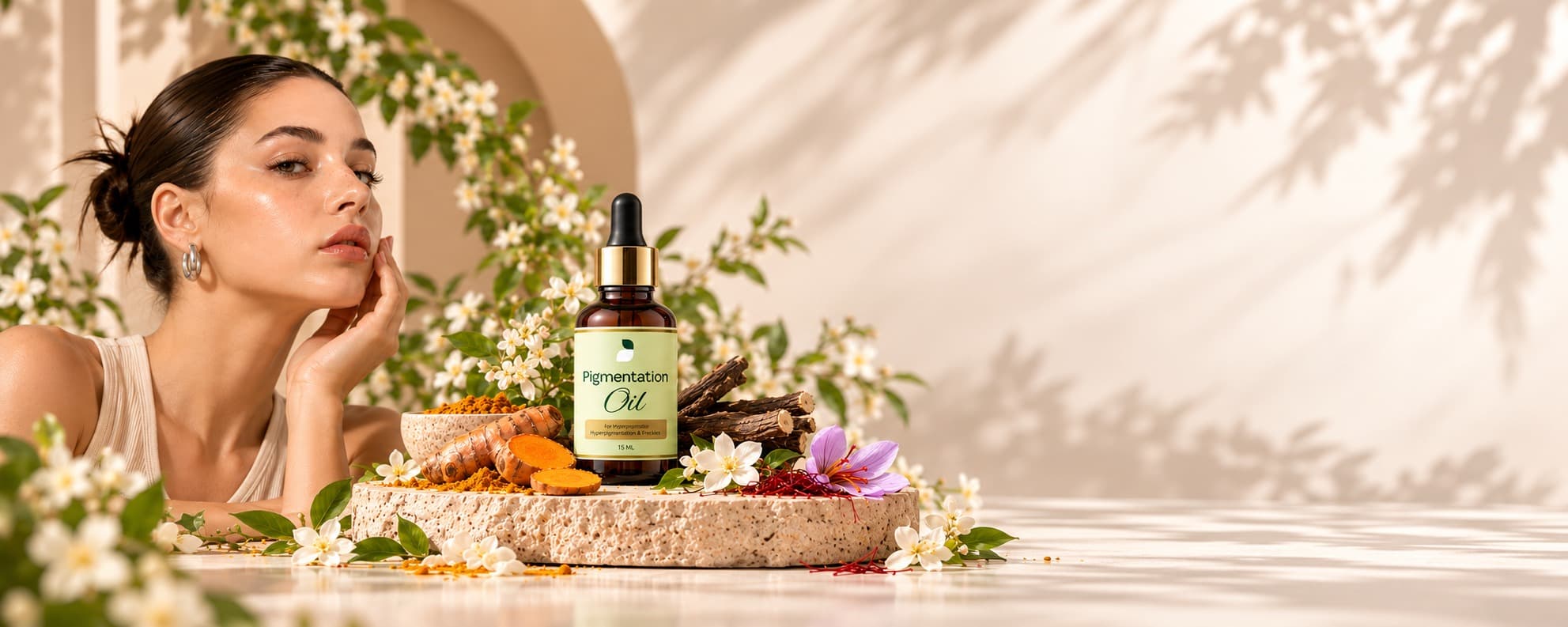 Pigmentation Oil dropper bottle among turmeric, licorice root and saffron